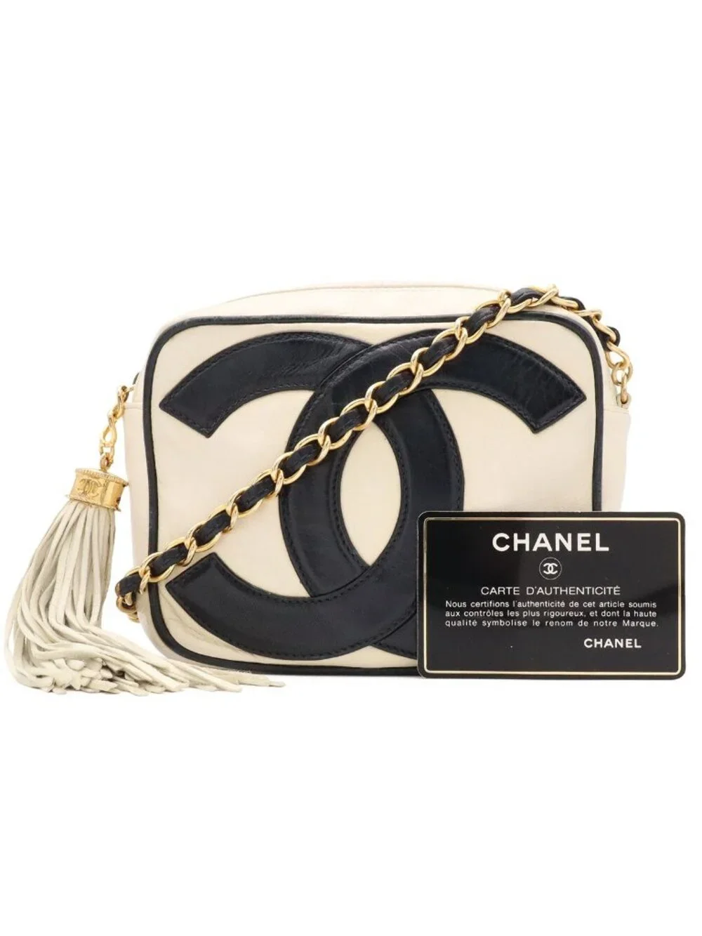 Chanel CC Logo Chain Shoulder Bag Pochette Tassel Fringe Leather Ivory White